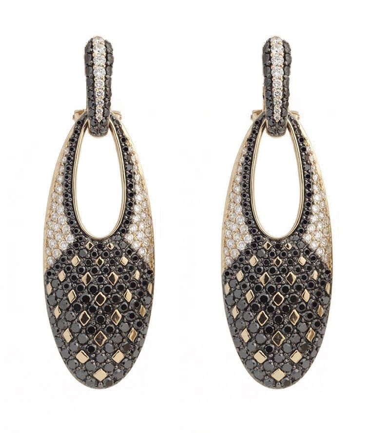 Oval drop earrings pavé set with black and white diamonds