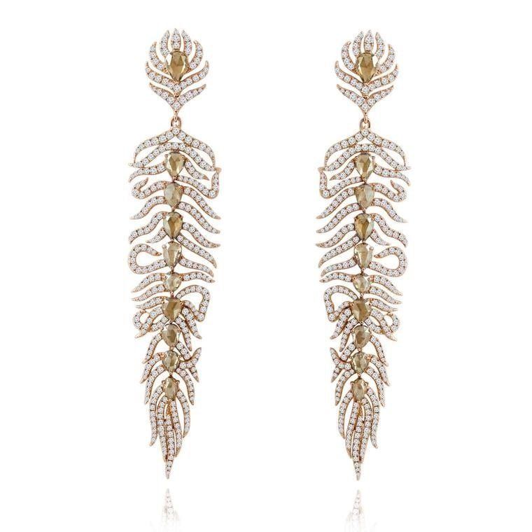 Long diamond feather drop earrings in white gold