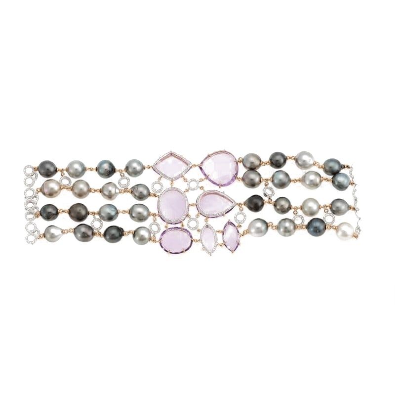Multi-strand bracelets of pink and grey gemstone beads