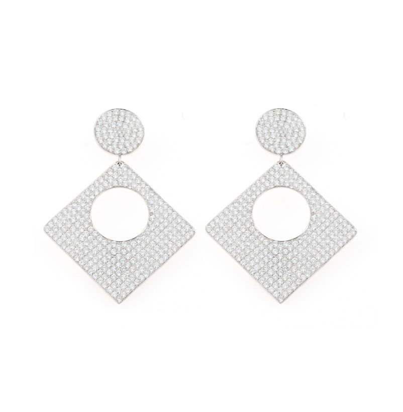 Diamond-set square drop earrings on black and white gold links