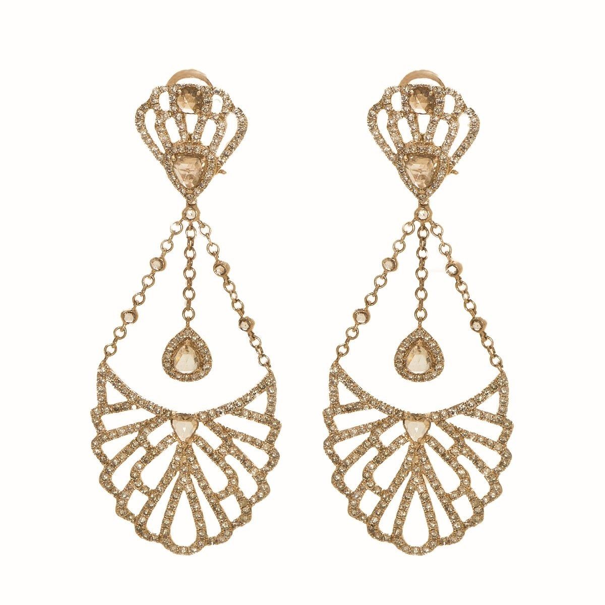 Gold filigree chandelier earrings with champagne diamond drops