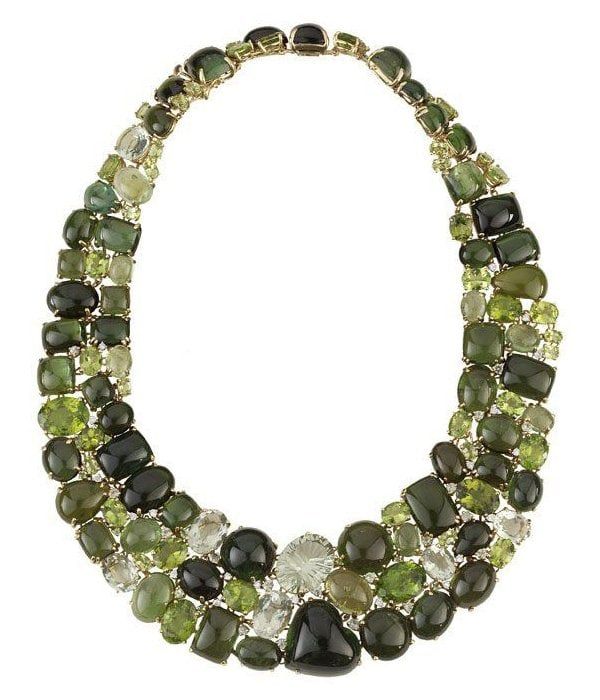 A two-row collar of green tourmaline and peridot stones
