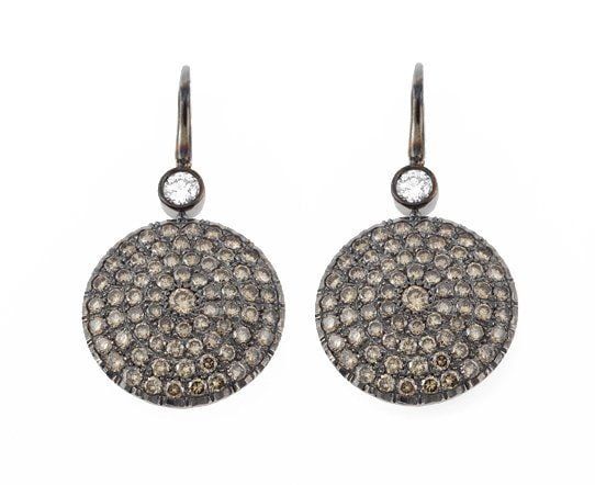 Pavé brown diamond disc earrings on white gold wires