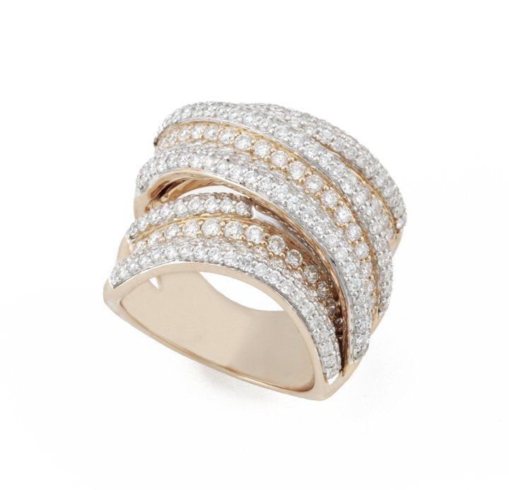 Wide rose and white gold bands set with pavé diamonds
