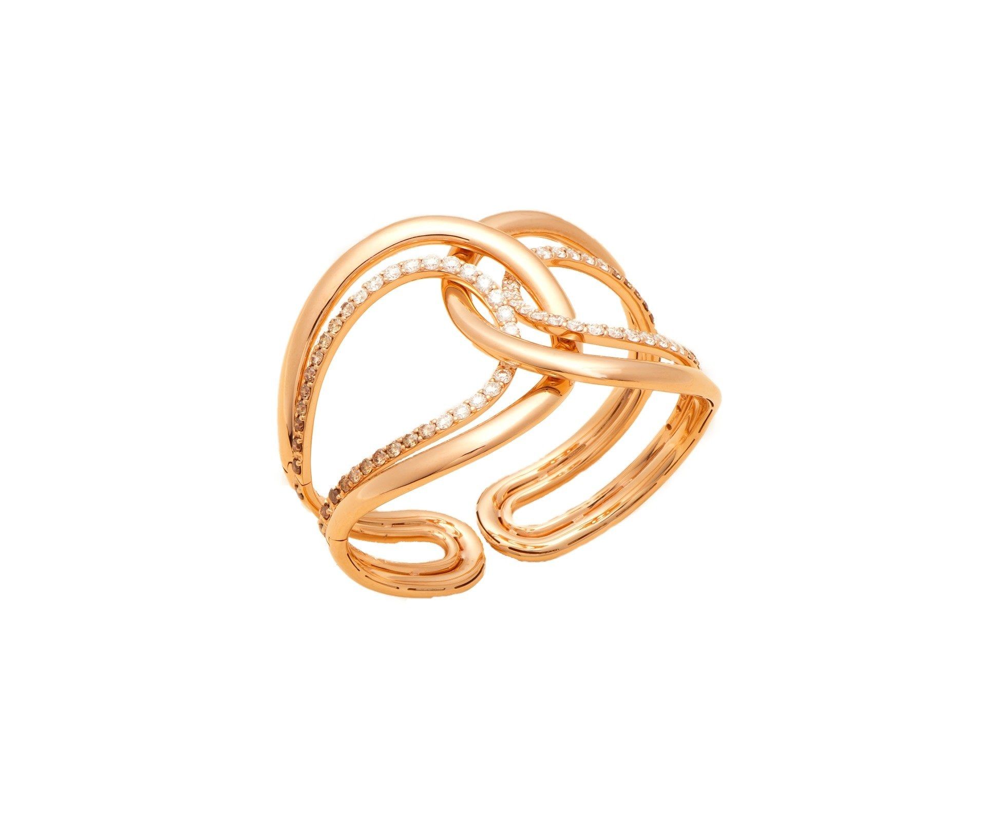 An open rose gold cuff in three interlocking bands